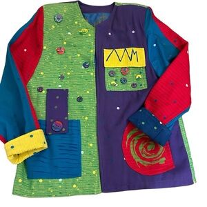 90s Vintage Abstract Mixed Print Button Accented Deep Pocket Blazer by Crystal